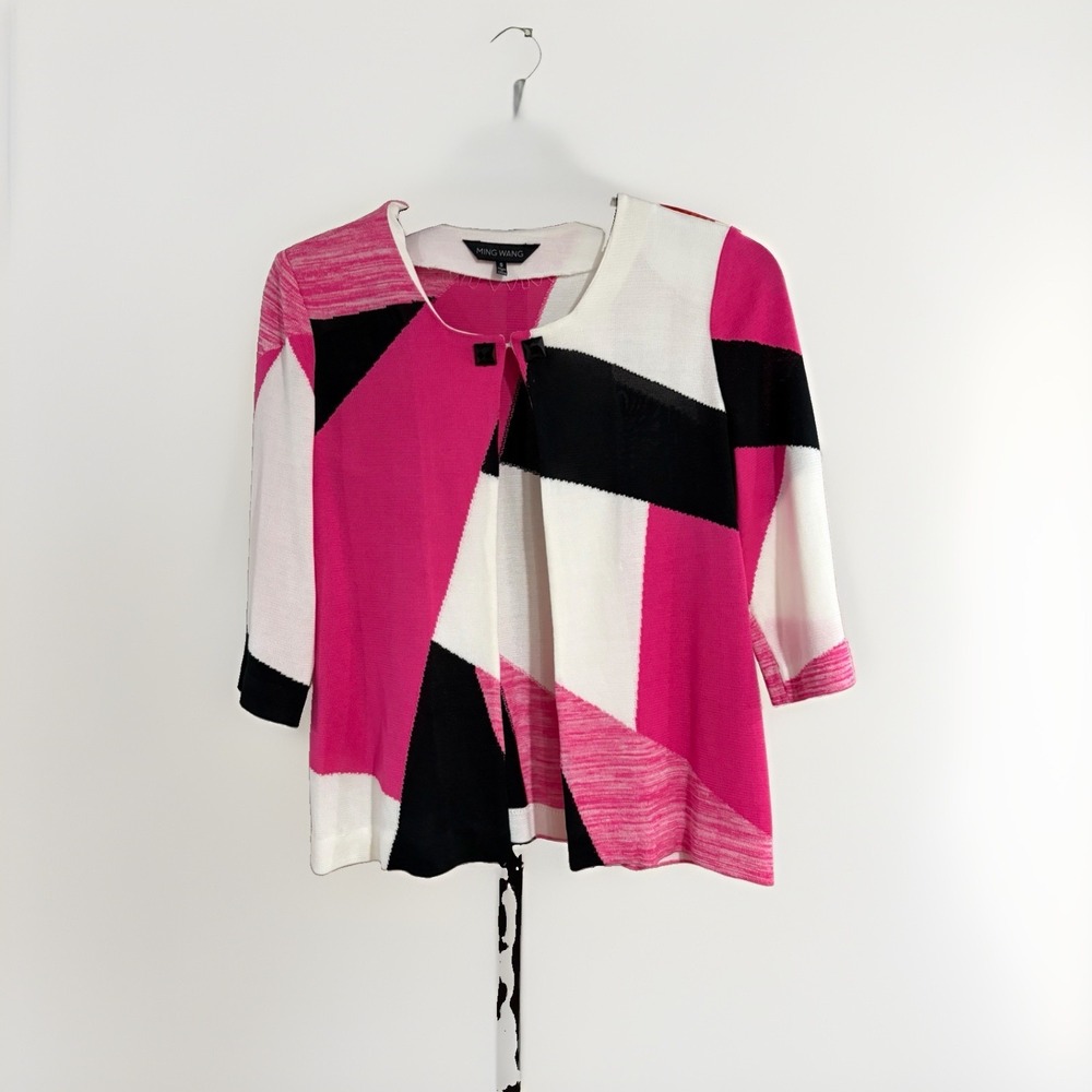 Ming Wang Women's Cardigan Jacket Small Pink White Black Acrylic Stretch W122‎
